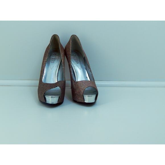 Guess Women's Size 8.5 Silver Multi-color Sparkle Peep Toe Stilleto Heels - Picture 2 of 8